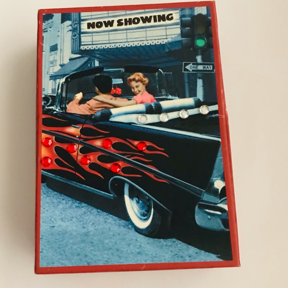New 20 Cards with Envelopes Jeweled Cardboard Box Old Cars Movie Theater Diner